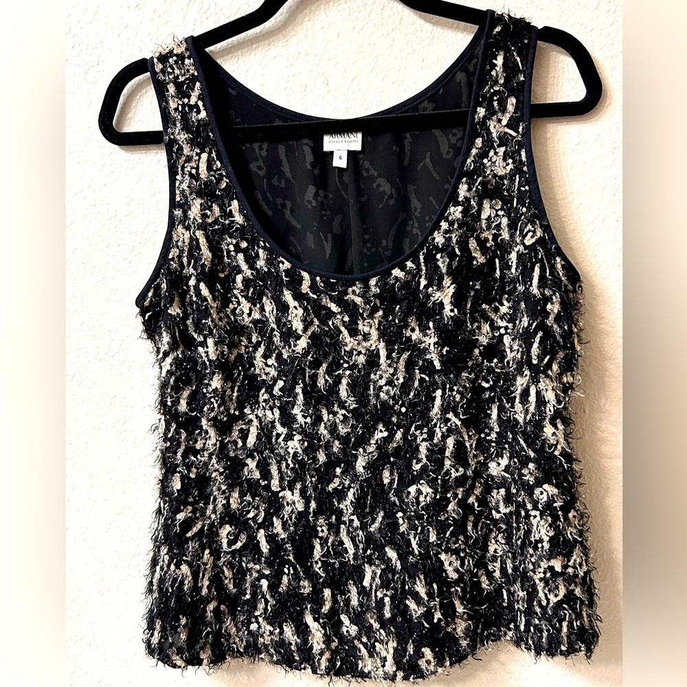 ARMANI COLLEZIONI TOP BLOUSE/FUSY BLACK/BEIGE WITH BEADS/ITALY/SIZE 6US